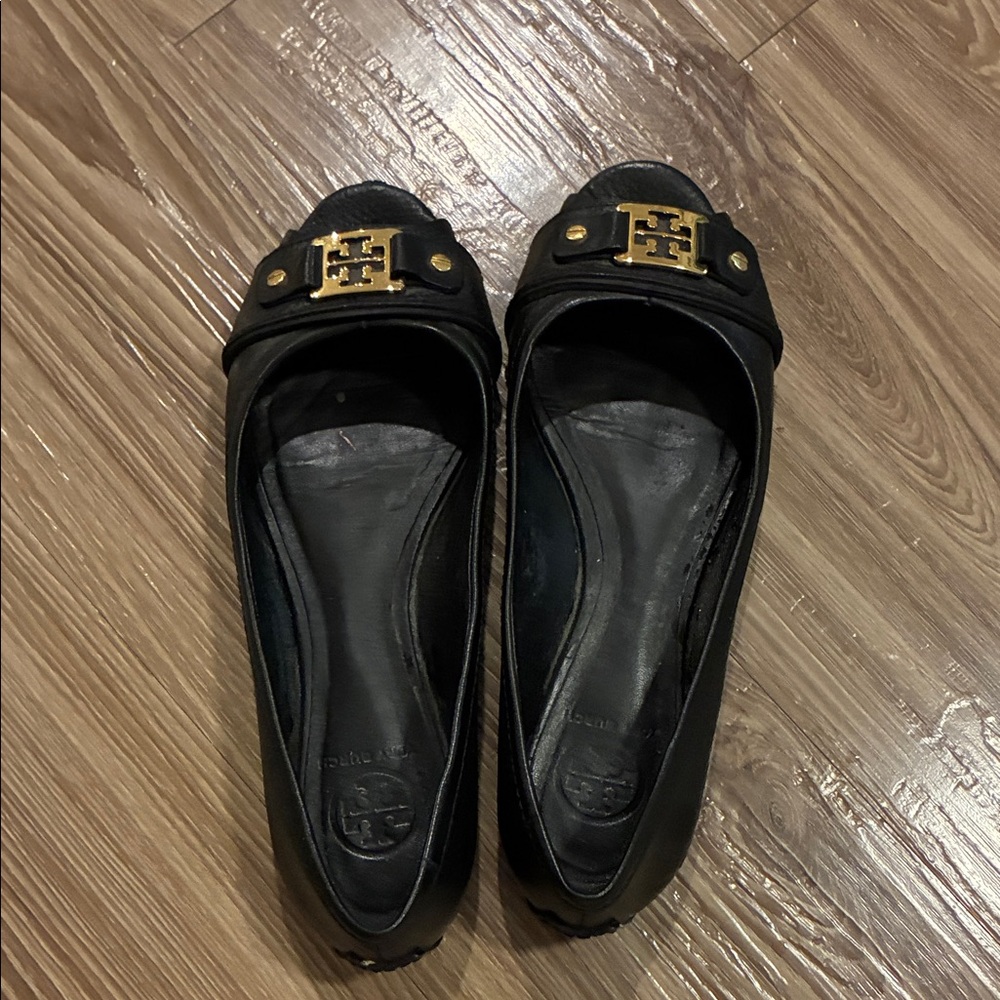 Tory Burch open  toed Black Flats with Gold Logo